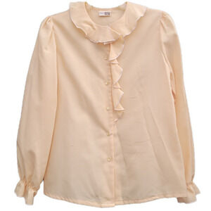 Vintage Sears Beige Poet Ruffle Sleeve, Collar and‎ Button Down Blouse Shirt